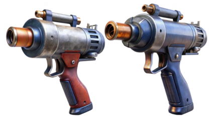 Two steampunk ray guns or futuristic energy pistols isolated on transparent background