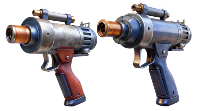 Two steampunk ray guns or futuristic energy pistols isolated on transparent background