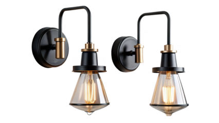 Two modern black metal wall sconce lamps with glass shade isolated on transparent background