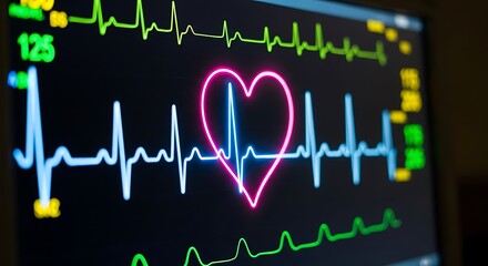 Close up of a digital medical monitor displaying a vibrant neon pink heart shape over an electrocardiogram reading