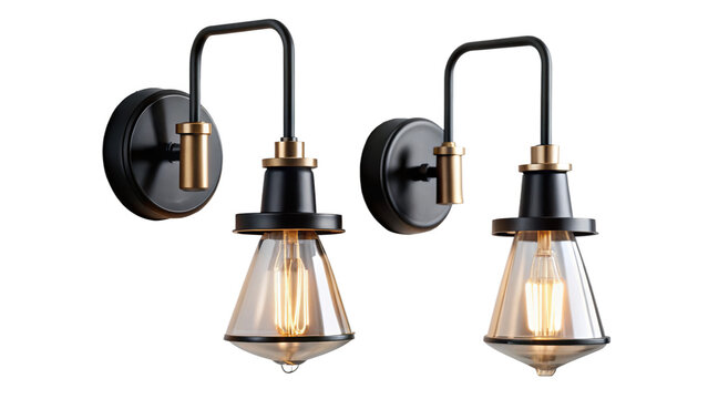 Two modern black metal wall sconce lamps with glass shade isolated on transparent background