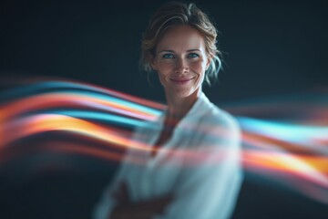Obraz premium Pioneering change: women in leadership roles. Connected devices. Charismatic female executive in a light-filled office. Information flow. Wireless signal.