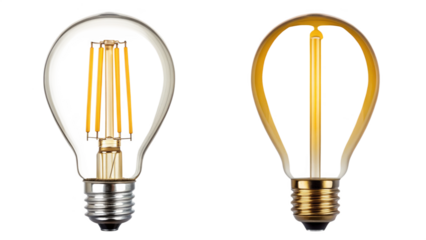 Two different style vintage led filament light bulbs isolated on transparent background