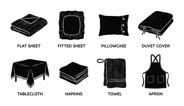 Laundry bedding home textiles icons set. Flat sheet, fitted sheet, pillowcase, duvet cover on white background.