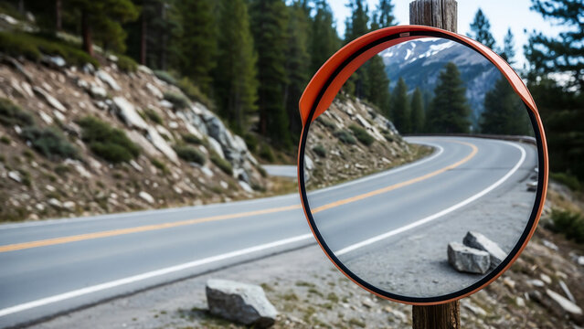 Traffic mirror at mountain bend &mdash; symbol of vigilance and preparedness