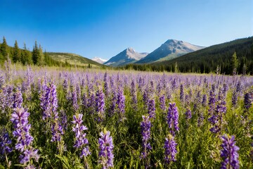 Fototapeta premium A vast field of purple wildflowers stretches toward distant snow-capped mountains under a clear blue sky.