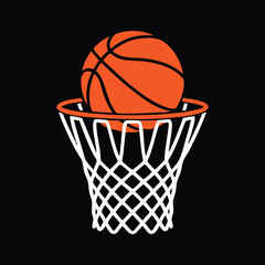 Basketball and Hoop Illustration on Black Background, Basketball Going Through the Net, Vector Graphic of Basketball Scoring a Point, Basketball Goal Icon, 