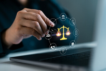 Online law system and justice management, business governance, legal service technology, policy, balance scale and regulatory compliance technology concept.