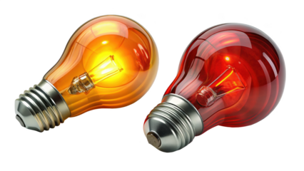 Two incandescent light bulbs, one orange and one red, isolated on transparent background