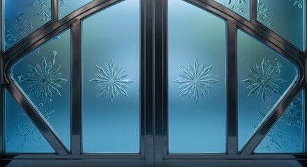 A close up of frosted glass doors with snowflake designs and metal frames in a blue color scheme