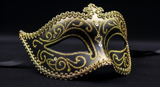 Ornate black and gold venetian masquerade mask adorned with intricate scrollwork and sequins for elegant parties