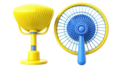 Two colorful yellow and blue portable electric fans isolated on transparent background