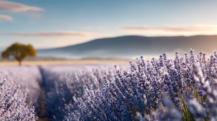 A serene lavender field under a soft sun, showcasing vibrant purple blooms against a picturesque landscape.