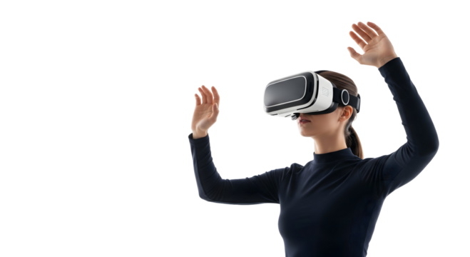 A woman experiencing virtual reality using a VR headset, she has her arms raised, interacting with the digital world, isolated on transparent background
