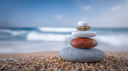 A serene stack of stones on a sandy beach, symbolizing balance and tranquility amidst the soothing ocean waves.