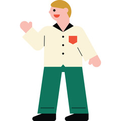 Man With Blonde Hair Waving Hello A White Shirt With A Red Pocket A Dark Collar And Green Pants On A Transparent Background