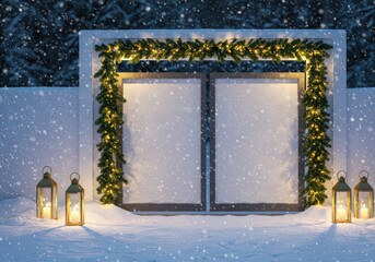 Winter scene with decorated doorway and lanterns in the snow under falling snowflakes at night