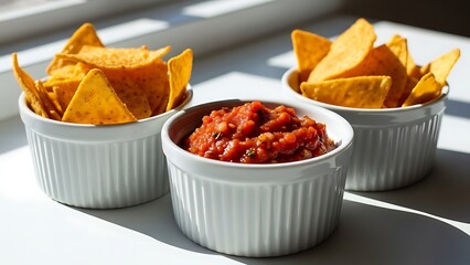 Three white ramekins filled with tortilla chips and salsa on a white surface