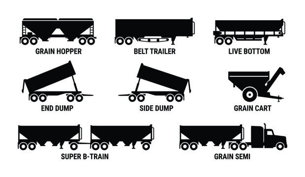Nine cargo and grain hauling truck trailer silhouettes including grain hopper and end dump