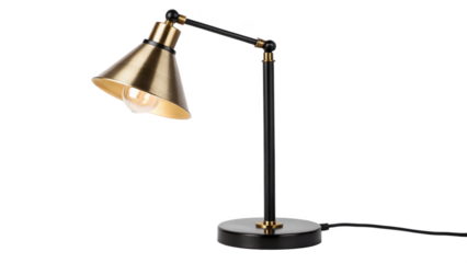 Adjustable modern desk lamp with brass finish isolated on transparent background
