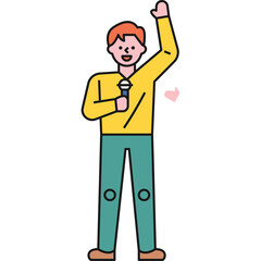 Man Holding Microphone Raising Arm in Yellow Long Sleeve Shirt Teal Pants Against Transparent Background Animated Style