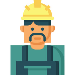 Male Construction Worker With Yellow Hard Hat and Teal Overalls Portrait With Moustache and Flat Design Style Vector Illustration Isolated on Transparent Background
