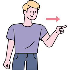 Man In A Purple T Shirt And Blue Jeans Pointing To The Right With A Pink Arrow Overlay Indicating Direction With A Transparent Background