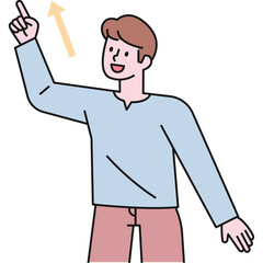 Man In Blue Shirt And Brown Pants Pointing Up With Index Finger With Orange Arrow Overlay On Transparent Background And White Outline
