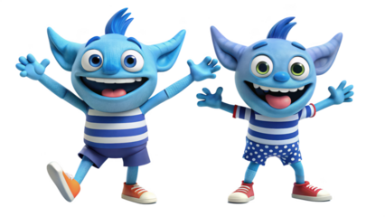 Two happy blue cartoon monster characters wearing striped clothing isolated on transparent background