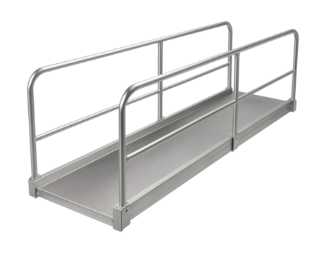 Aluminum walkway with non-slip surface and handrails for safe access.