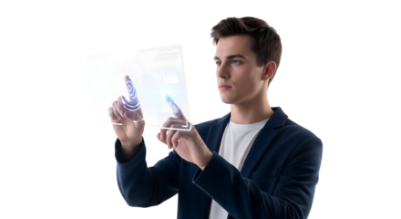 A man in a navy blazer uses a transparent digital screen, interacting with futuristic technology. The scene shows a modern and tech-savvy individual exploring the possibilities of innovation.