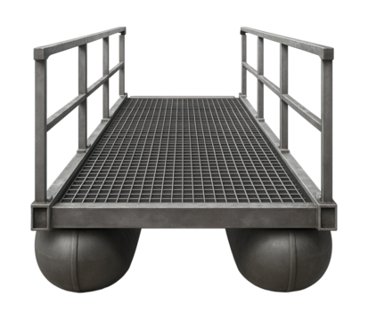 Steel-framed pontoon bridge segment featuring a grated walkway.