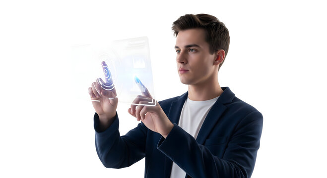 A man in a navy blazer uses a transparent digital screen, interacting with futuristic technology. The scene shows a modern and tech-savvy individual exploring the possibilities of innovation.