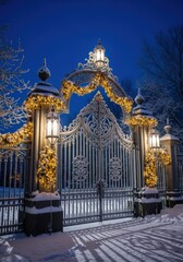 Obraz premium Ornate metal gate adorned with christmas lights and snow under a dark blue winter night sky scene