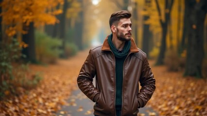 Young man in a brown leather jacket standing on a pathway in a beautiful autumn park, surrounded by golden fallen leaves and vibrant trees, enjoying the serene outdoor atmosphere.