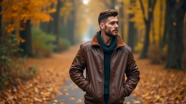 Young man in a brown leather jacket standing on a pathway in a beautiful autumn park, surrounded by golden fallen leaves and vibrant trees, enjoying the serene outdoor atmosphere. - Powered by Adobe