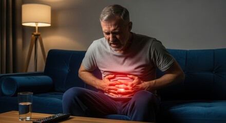 Older man experiencing severe abdominal pain, clutching his stomach in discomfort sitting on a sofa at home