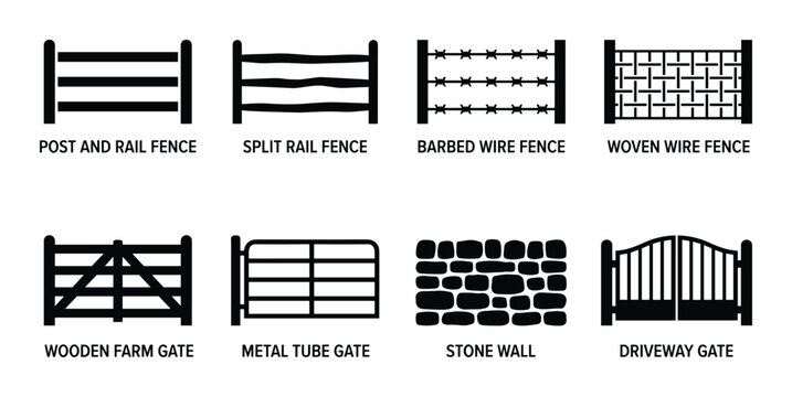 Post and rail fence, split rail fence, barbed wire fence, woven wire fence, wooden farm gate, metal tube gate, stone wall, driveway gate, types of enclosures