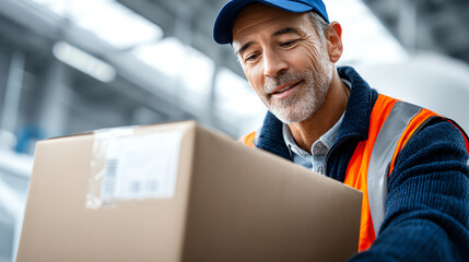 A smiling warehouse worker carefully handles a cardboard box, showcasing dedication and professionalism in a bustling environment.