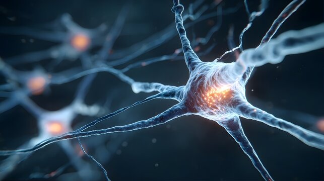 A glowing neuron transmits electrical signals within a neural network.