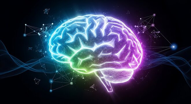 Colorful Brain Illustration with Neural Network Connections.