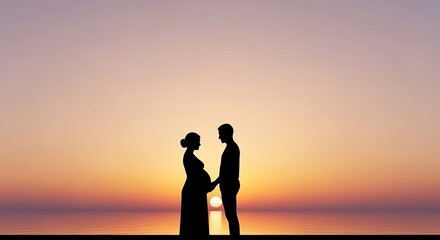 Silhouette of a pregnant woman and a man holding hands at sunset, symbolizing love, family, and anticipation of new life.