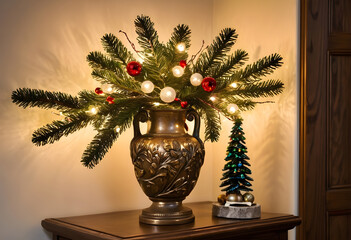 Vintage bronze vase with pine branches decorated with lights and ornaments. Christmas still life