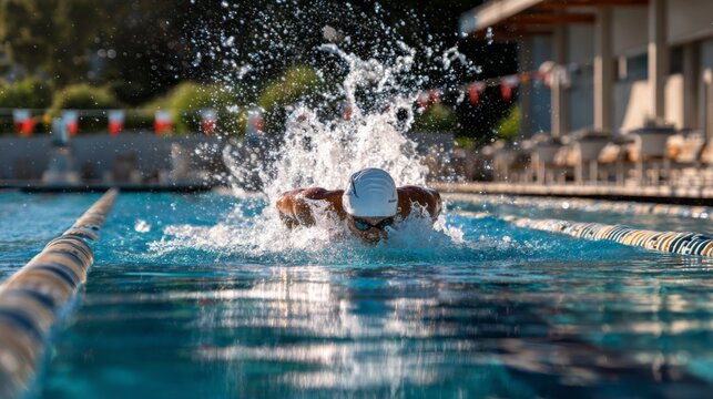 Swimmer executes butterfly stroke with powerful water splash in outdoor swimming pool lane - Powered by Adobe
