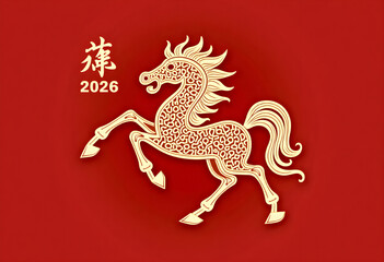 Chinese zodiac year of the red horse. Golden horse on the red background