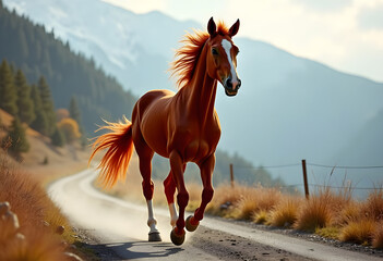 Young horse gallops along a mountain road