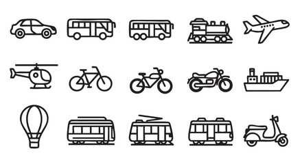 Collection of Transport Icons in Black and White Simple Style