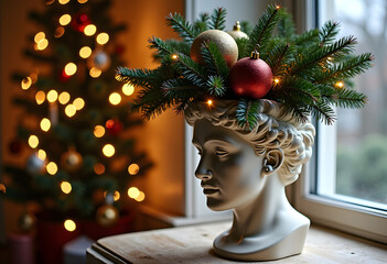 Vase in the shape of antique marble statue head with pine tree branches decorated with lights and ornaments on the on the windowsill against the backdrop of a Christmas tree