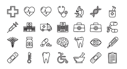 Fototapeta premium Medical doodle set with various healthcare symbols in black and white