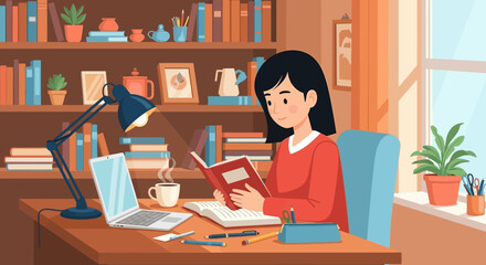 A focused student engaged in reading a book at her cozy home study desk, surrounded by educational materials, creating a serene and productive atmosphere